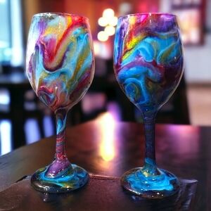 (2)Multi-Colored Marbled/Wine Glass Set Handmade